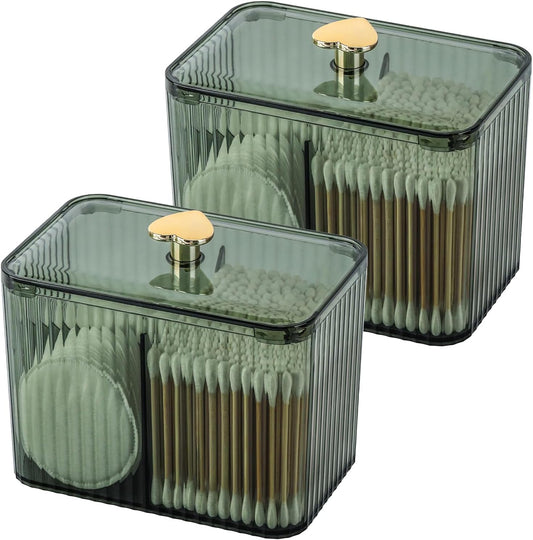 Tbestmax Qtip Holder Dispenser 3-Section Clear Bathroom Organizer Jar 3 Grids Cotton Swab/Pad/Ball Holder Container Cosmetics Storage for Vanity(2 Pack Green)