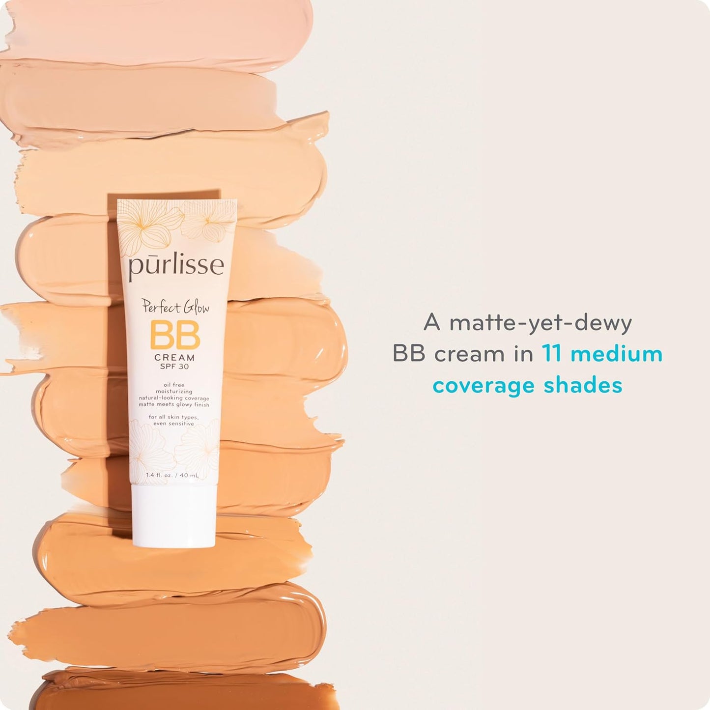 pūrlisse Perfect Glow BB Cream with SPF 30 - Matte Meets Dewy Finish - Enriched with Goji & Hawthorn Berry to Help Improve Skin Texture & Radiance - Medium (1.4 oz)