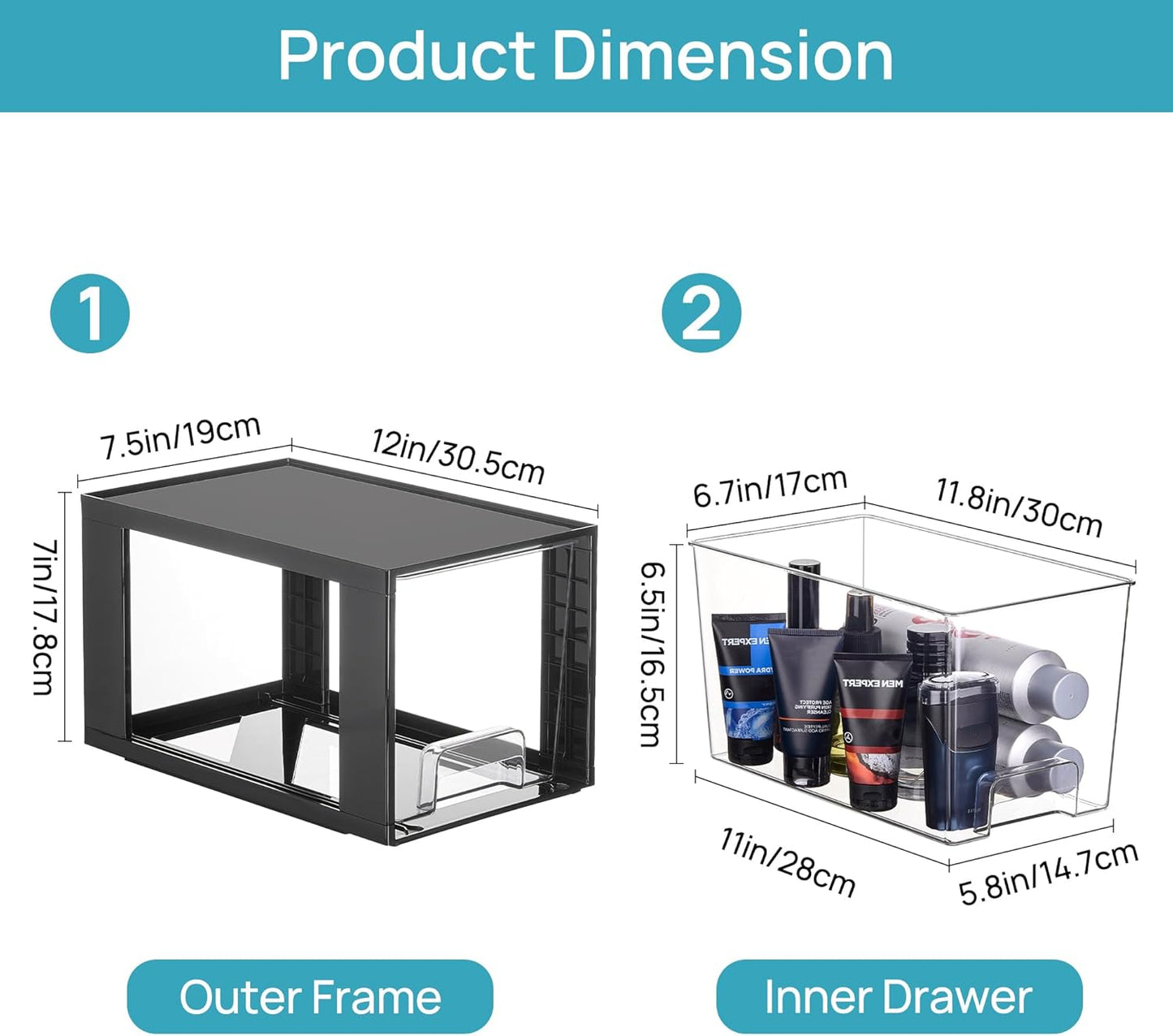 Vtopmart 4 Pack Large Stackable Storage Drawers,Black,Easily Assemble Acrylic Bathroom Closet Undersink Organizers and Storage,Plastic Bins for Kitchen Cabinets,Pantry,Makeup,Medicine Organization