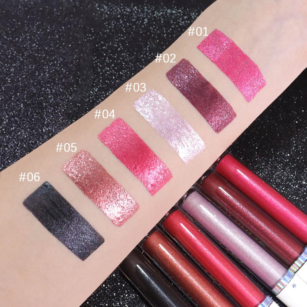 evpct 1Pcs Black Metallic Shimmer Glitter Lip Gloss Liquid Lipstick Long Lasting Waterproof 24, Glitter Pearlescent Metallic Sparkly Liquid Lipsticks Lip Stains Makeup Set for Women 06