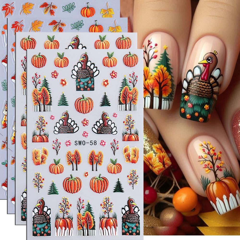 4Pcs Fall Nail Stickers 3D Pumpkin Maple Leaves Thanksgiving Nail Decals Orange Tree Nail Art Stickers 5d DIY Self Adhesive Nail Design Decoration
