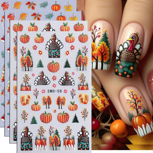 4Pcs Fall Nail Stickers 3D Pumpkin Maple Leaves Thanksgiving Nail Decals Orange Tree Nail Art Stickers 5d DIY Self Adhesive Nail Design Decoration