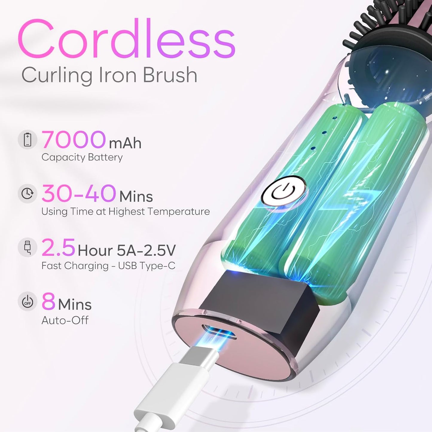 Cordless Curling Iron Brush, 3-in-1 Portable Curling Iron, 2024 New Hair Straightener Comb, 7000Mah USB Rechargeable Travel Hair Curler for Women, Pink