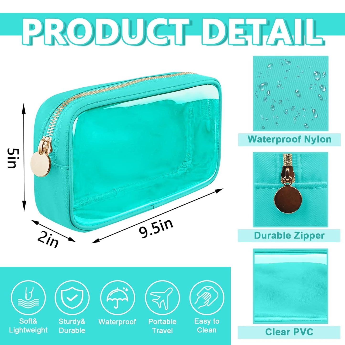 Clear Small Makeup Bag with Zipper, Nylon&PVC Cosmetic Travel Bag Preppy TSA Approved Toiletry Bag for Women Girls, Transparent Waterproof Makeup Pouches Cute Travel Bag for Purse(Small-Mint Green)