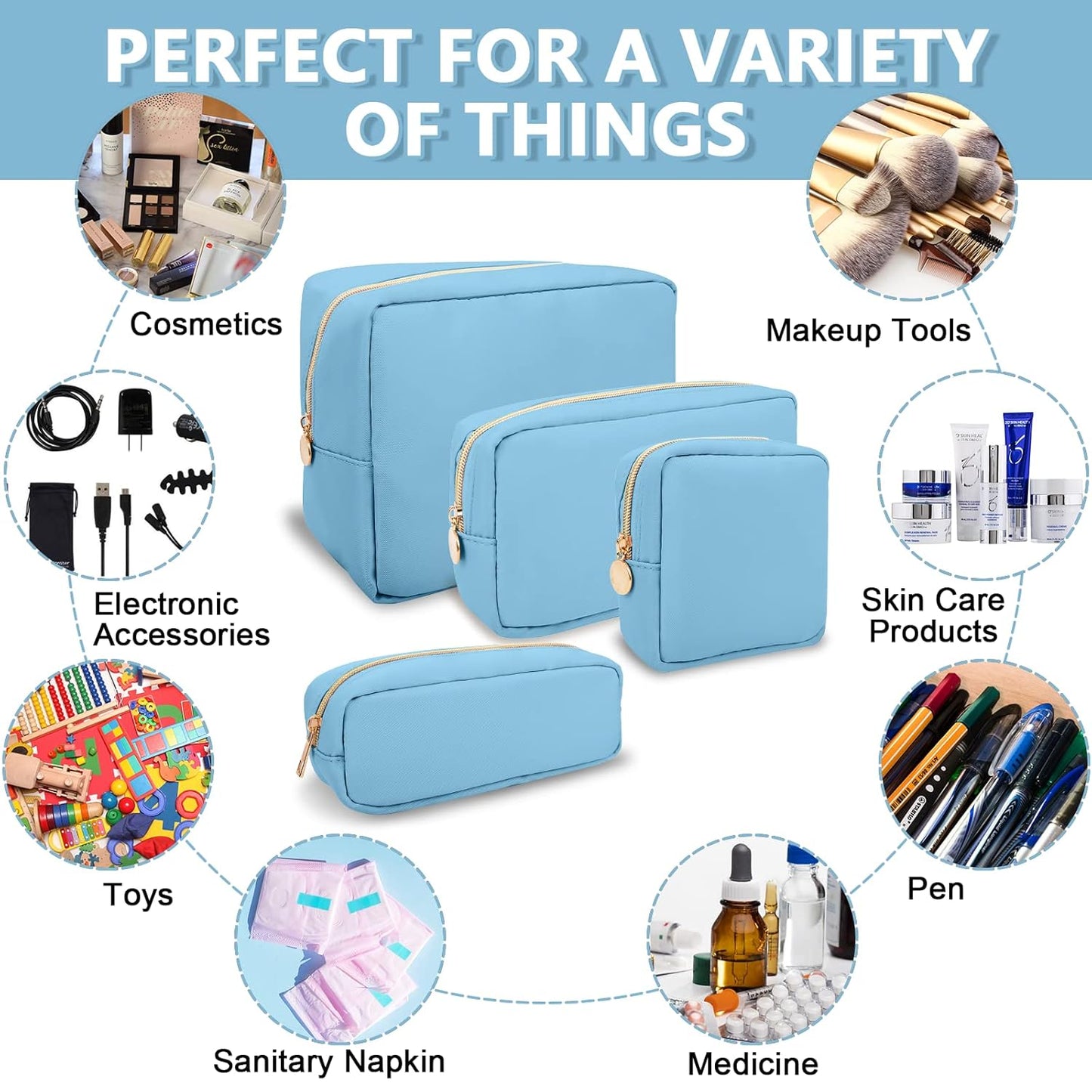 Small Pencil Case Makeup Bag for Purse, Cute Pencil Pouch Preppy Nylon Makeup Brush Bag with Zipper , Girls Portable Stationery Storage Case Small Pen Bag for Office School College(Slim-Periwinkle)