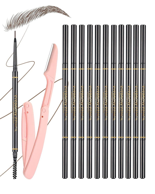 Dark Brown Eyebrow Pencils for Women, 12Pcs Ultra Slim Eyebrow Pencil with 2 Brow Razors Kit, Double Head 1.5mm Micro-Fine Tip & Spiral Brush, Can Draw Fine and Long-Lasting Brows Makeup