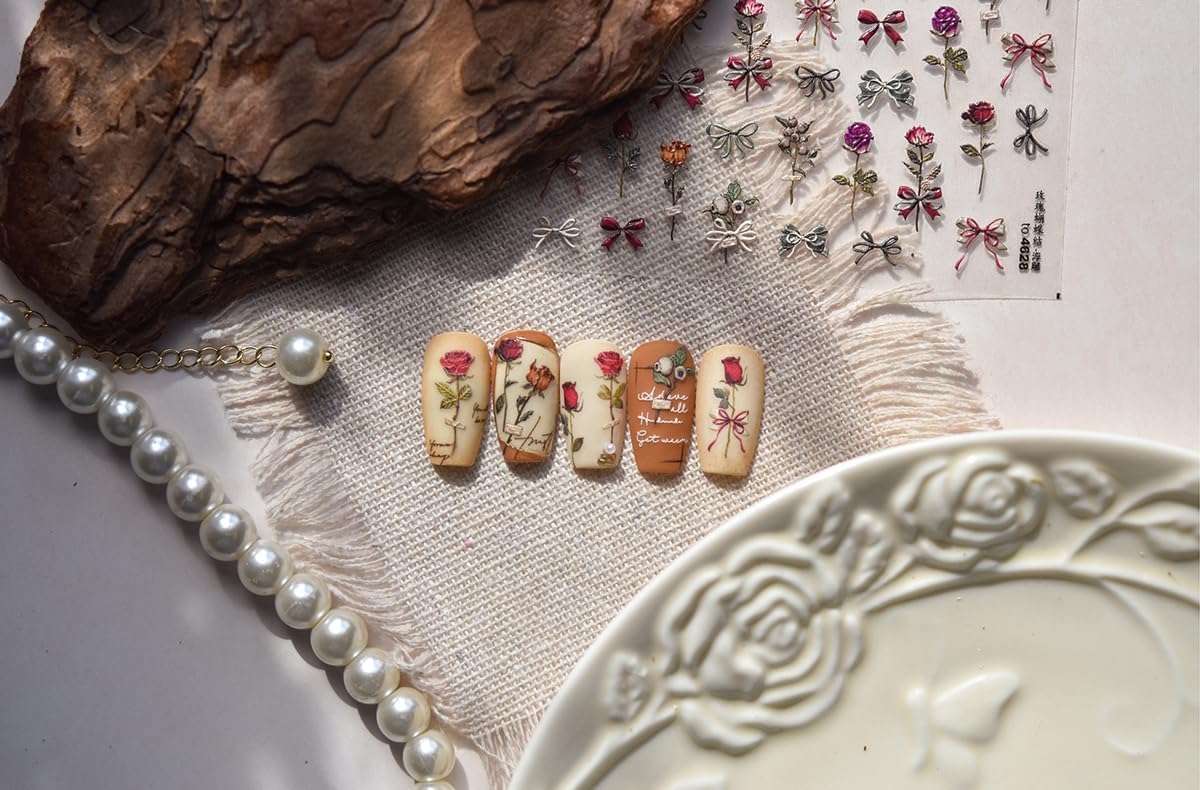 5D Embossed Rose Nail Stickers Flower Nail Art Floral Nail Decals Cute Stickers for Nails Designs Self Adhesive Nail Art Supplies & Decorations for Women Girls 1 Sheet