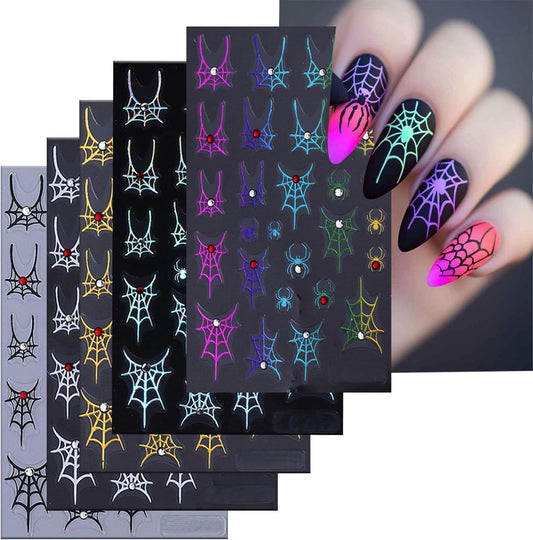 5 Sheets Halloween Nail Art Stickers 3D Self -Adhesive Spider Web with Rhinestones Design Nail Decals Holographic Diamond Spider Nail Stickers Halloween Nail Decoration for Women Manicure Supplies