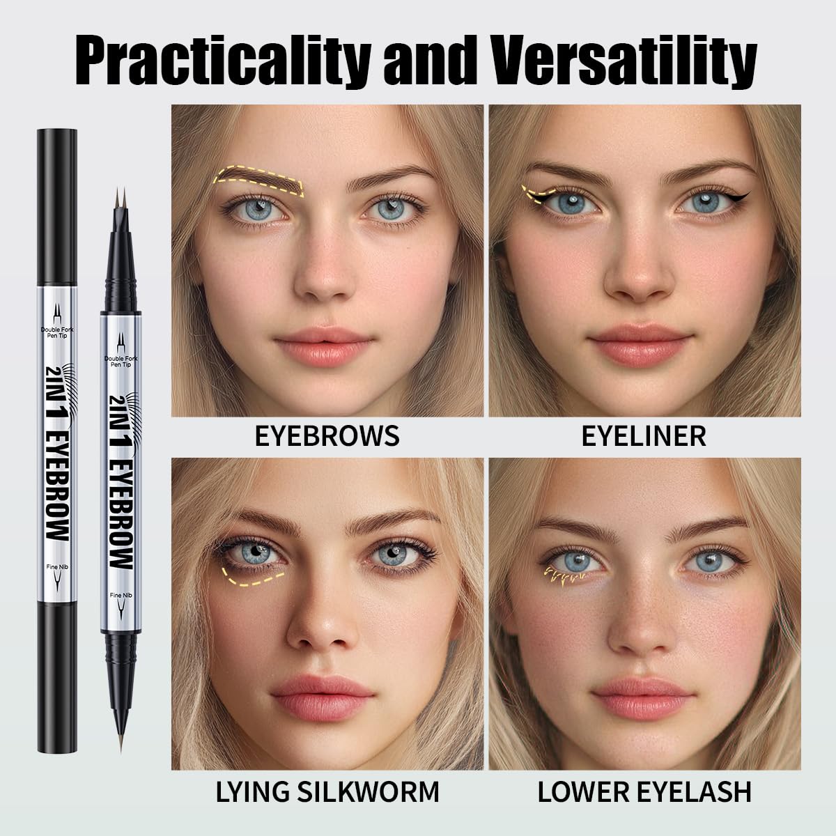 Eye Brow Pencils for Women Brown,2-in-1 Dual-Ended Eye Brow Pencil with 2-Fork-Tip and Precise Brush-Tip, Microblading Eyebrow Pen for Waterproof Long Lasting Natural Hair-Like Brows(Dark Brown)