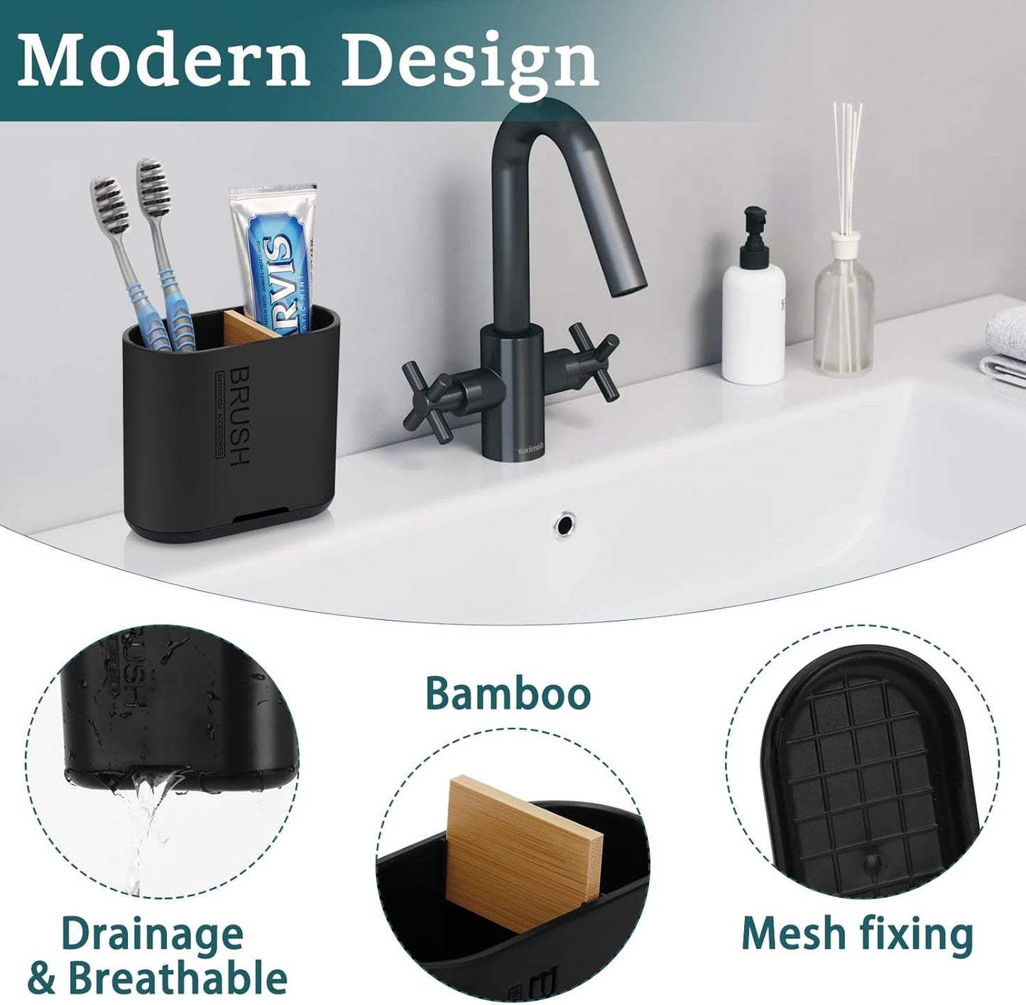 Toothbrush and Toothpaste Holder with Bamboo Divider for Bathroom Countertop Organizer, Detachable for Easy Clean, 2 Slots Electric Toothbrush Holders Storage Caddy Drainage for Family-Black