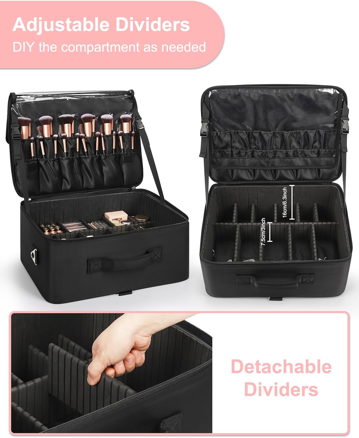 Relavel Extra Large Makeup Case Professional Cosmetic Storage Organizer Box Brush Holder with 8 Clear Set Bags & Lipstick Plate for Makeup Artists with Shoulder Strap & Adjustable Dividers