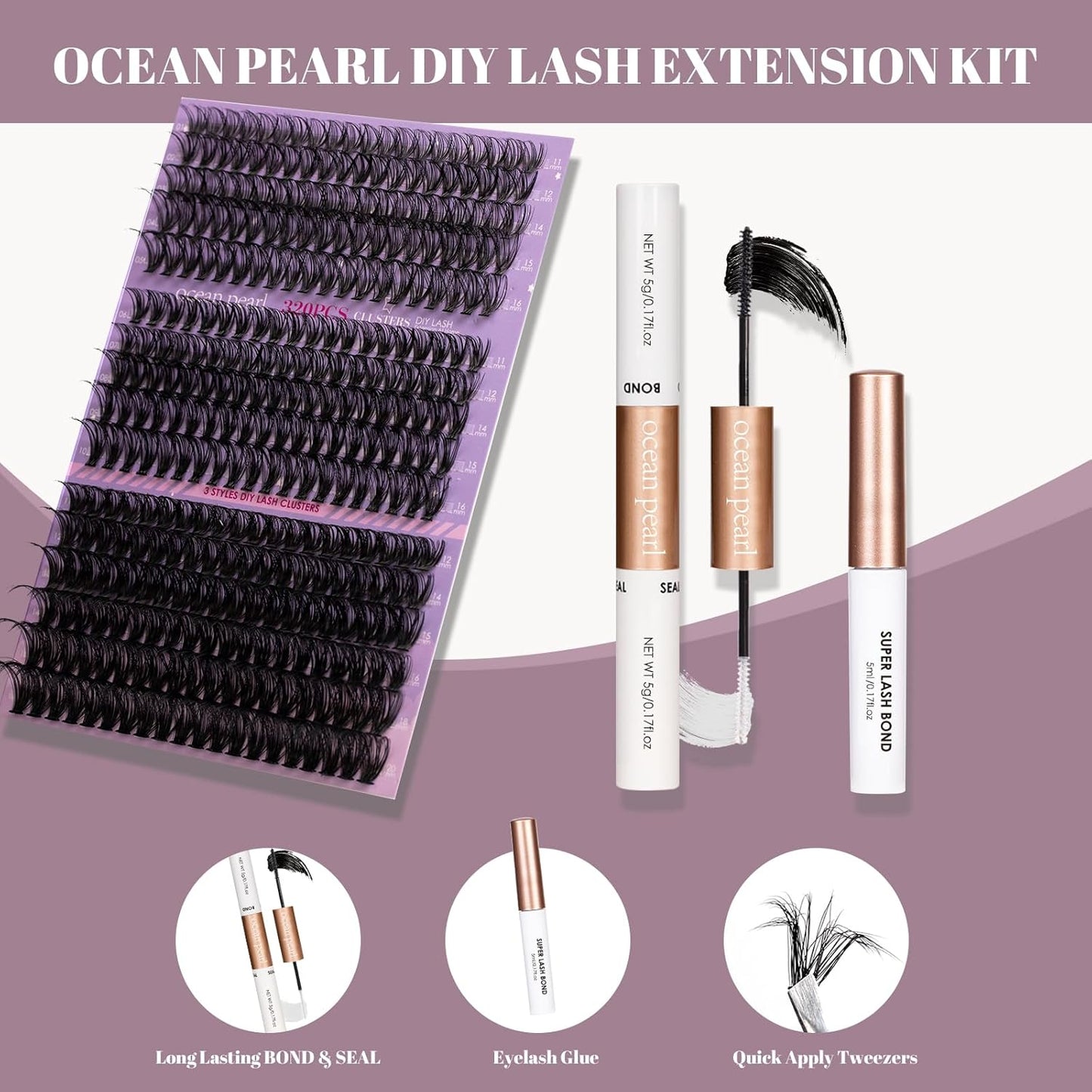 Ocean Pearl Lash Clusters 320PCS 11-20mm Lash Extension Kit 30D+40D+60D Eyelash Extension Kit Individual Lashes Thick Eyelash Clusters Lashes Clusters with Eyelashes Bond+Seal+Adhesive+Tweezer-60D