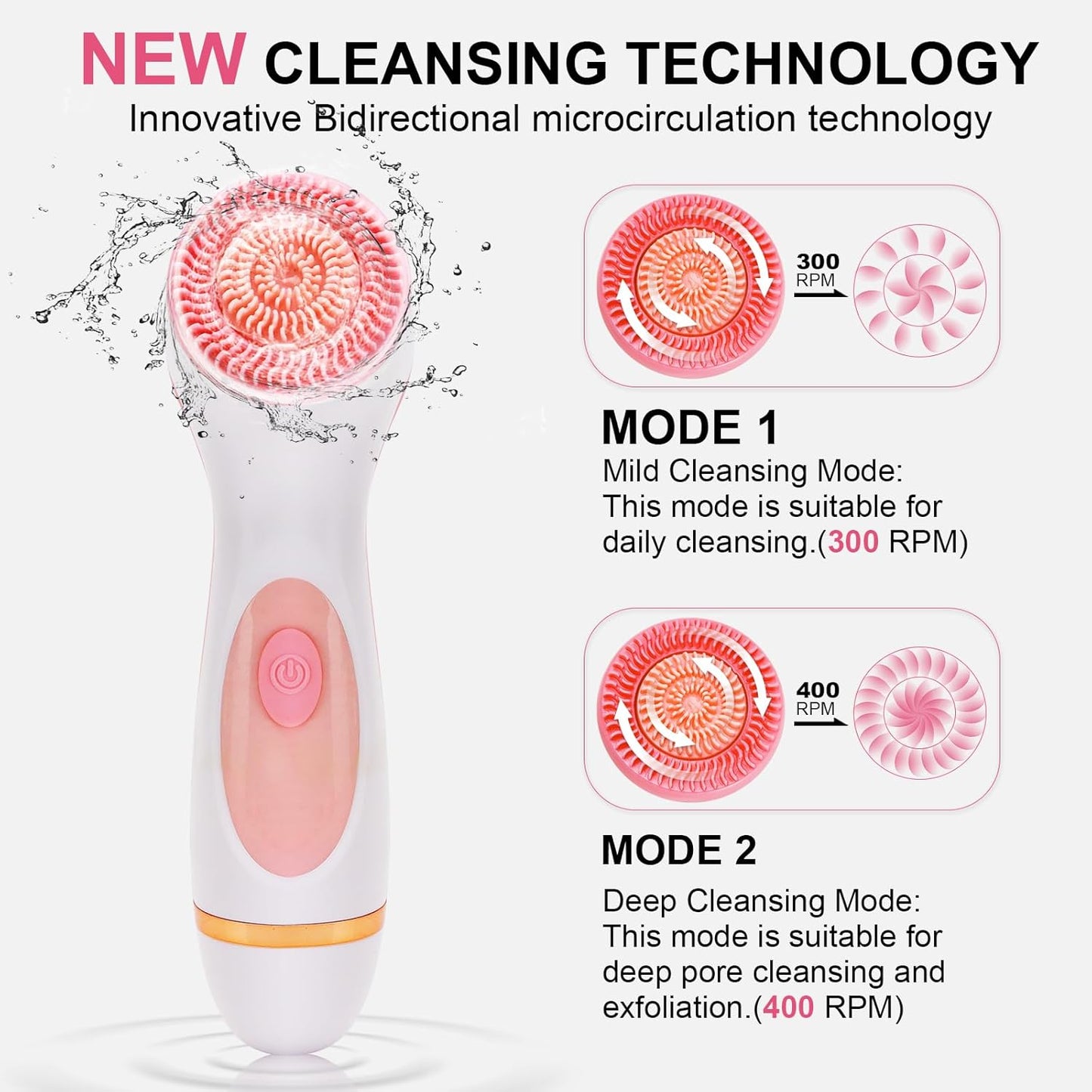 Facial Cleansing Brush, 3 in 1 Electric Face Scrubber with 3 Brush Heads for Women/Men, Waterproof Rechargeable Face Cleansing Brush for Dry Oily Sensitive Skin (Pink)