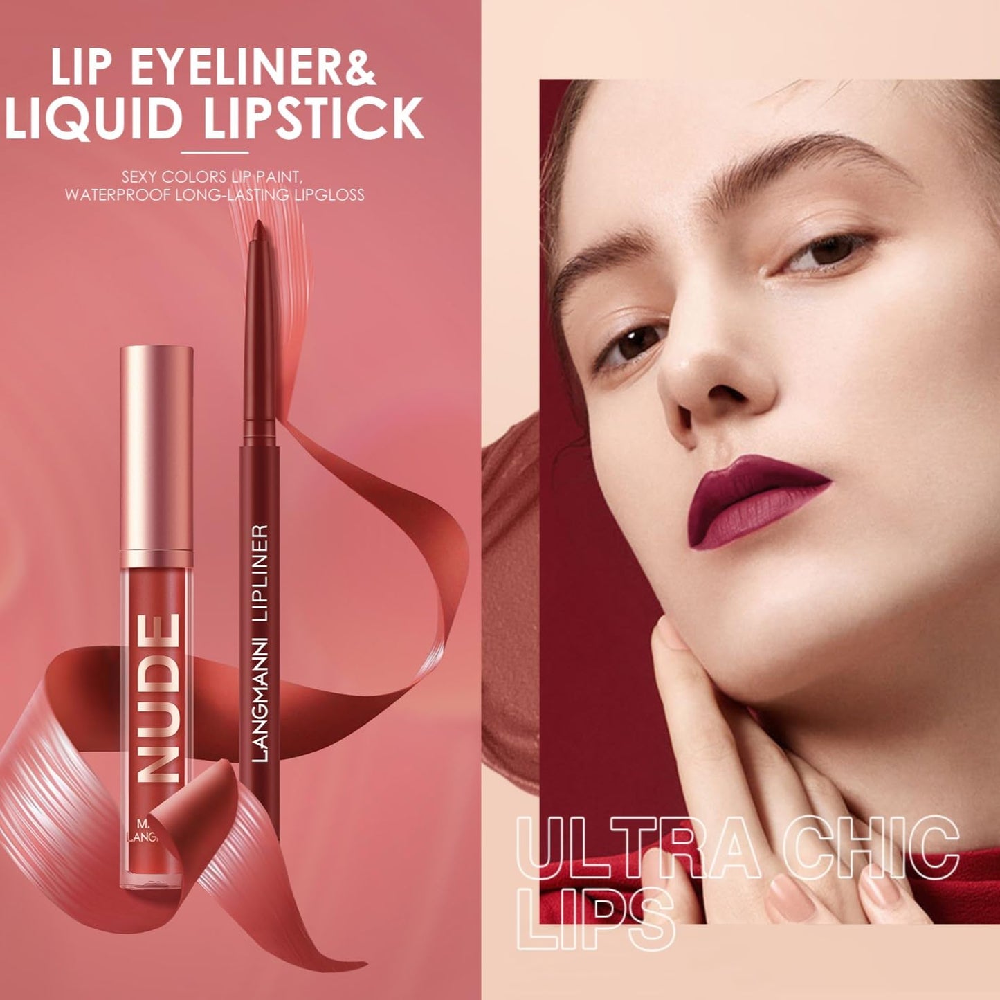 LANGMANNI 4pcs Matte Lipstick with Lipliners Durable Makeup Set,Long-Lasting Non-Stick Cup Not Fade Waterproof Pigmented Velvet Lipgloss Kit Beauty Cosmetics Makeup Gift for Girls(#2+4+6+8)