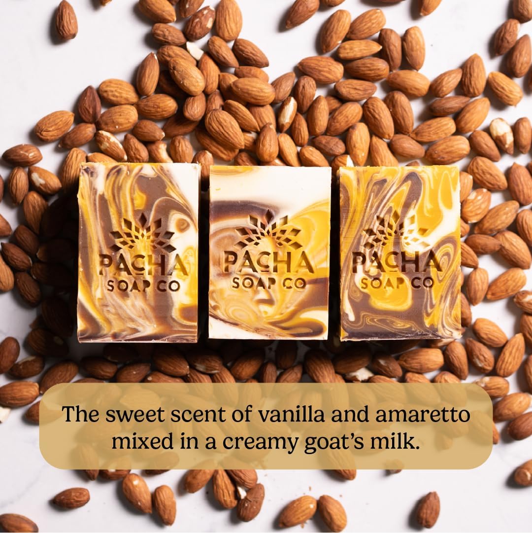 Pacha Soap Co. Bar Soap - Premium, Handcrafted, Hydrating, Natural Face Wash, Hand Cleanser, Body Wash, Soothing Essential Oils (Almond Goat's Milk, 5-Pack, 4 oz ea)