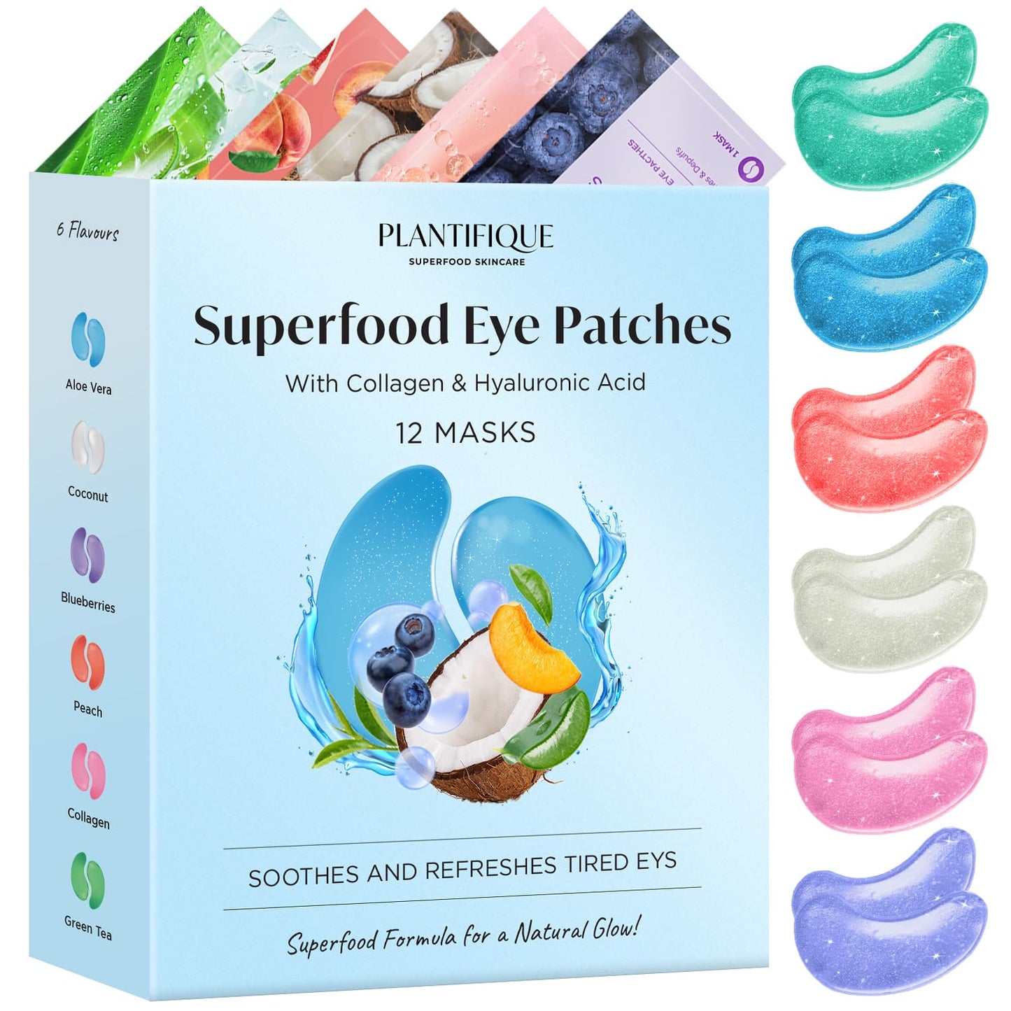 PLANTIFIQUE Superfood Under Eye Patches – 12 Pairs with Hyaluronic Acid for Dark Circles & Puffy Eyes – Anti-Aging Skincare Gel Mask, Gift for Women & Men