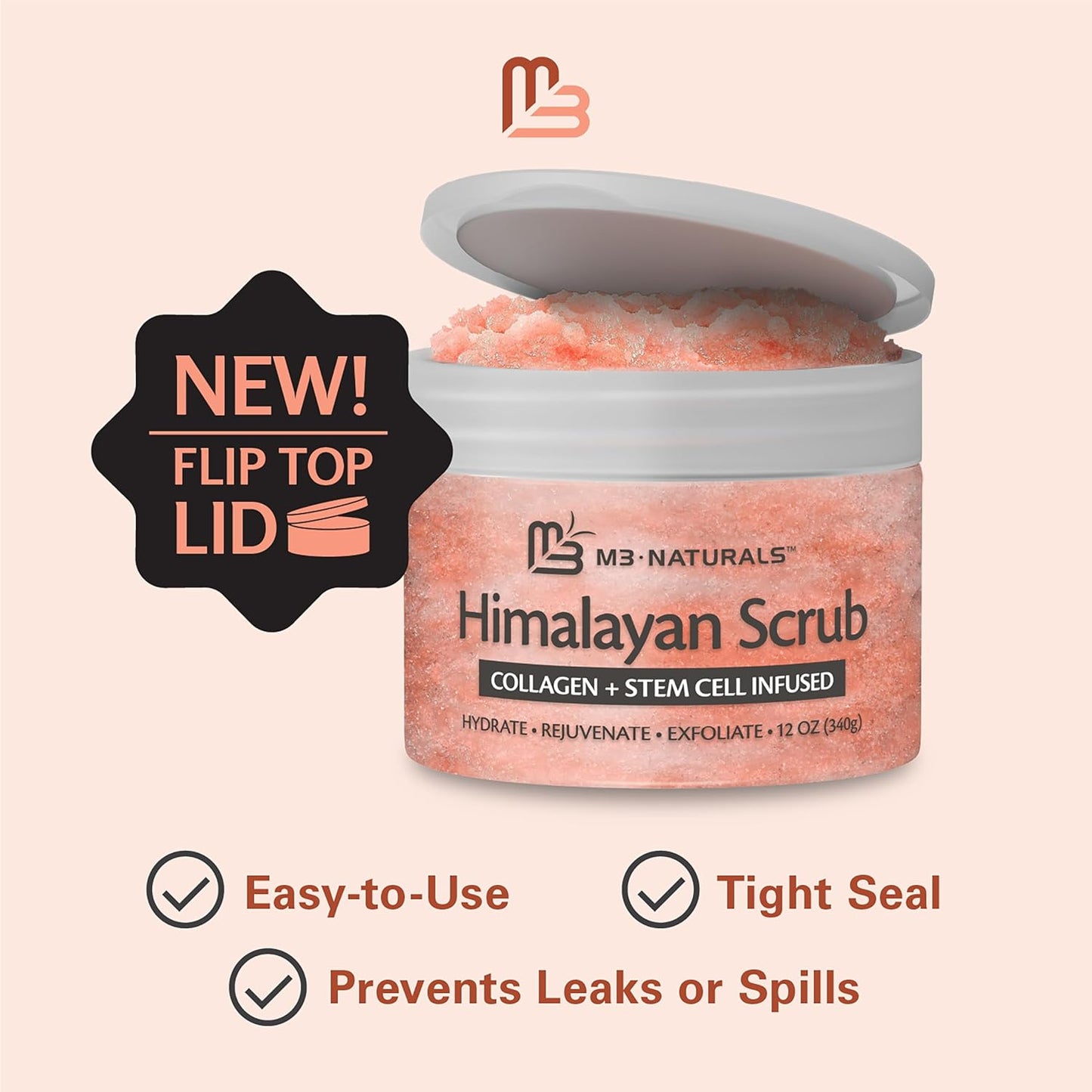 Himalayan Salt Scrub, Face, Foot, and Body Exfoliator with Collagen and Stem Cells, Exfoliating Scrub for Toning, Cellulite, and Skin Care by M3 Naturals