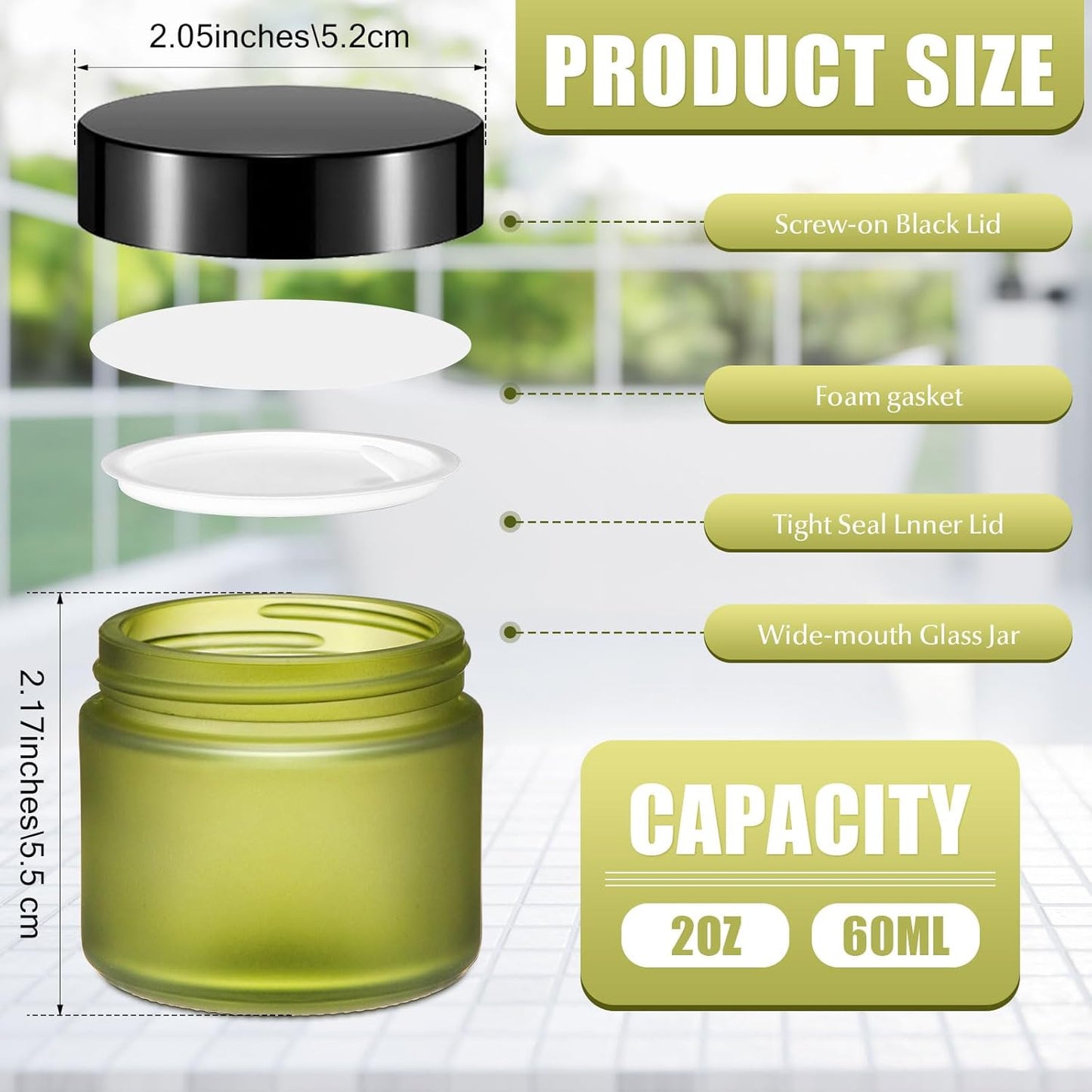 Domensi 48 Pcs 2 oz Glass Jars with Lids Travel Size Round Leakproof Empty Cosmetic Jars with Inner Liners Lid for Storing Makeup Lotions Face Cream Ointments Candle DIY Making (Pea Green)