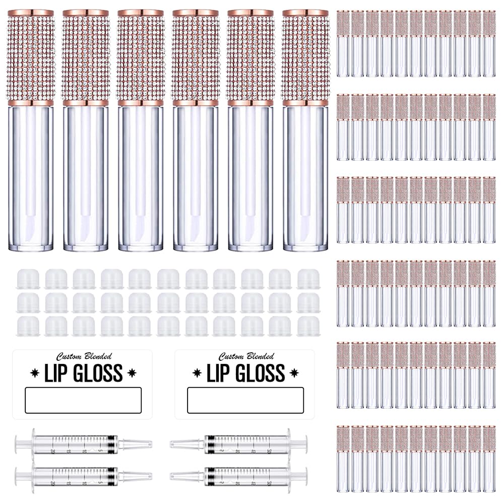 AMORIX 72 Pack 5ml Crystal Rhinestone Lip Gloss Tubes with Wand 5ml Empty Lip Gloss Containers Lipgloss Bottles with Stoppers 4pcs Syringes + Labels for DIY Lip Gloss Balm