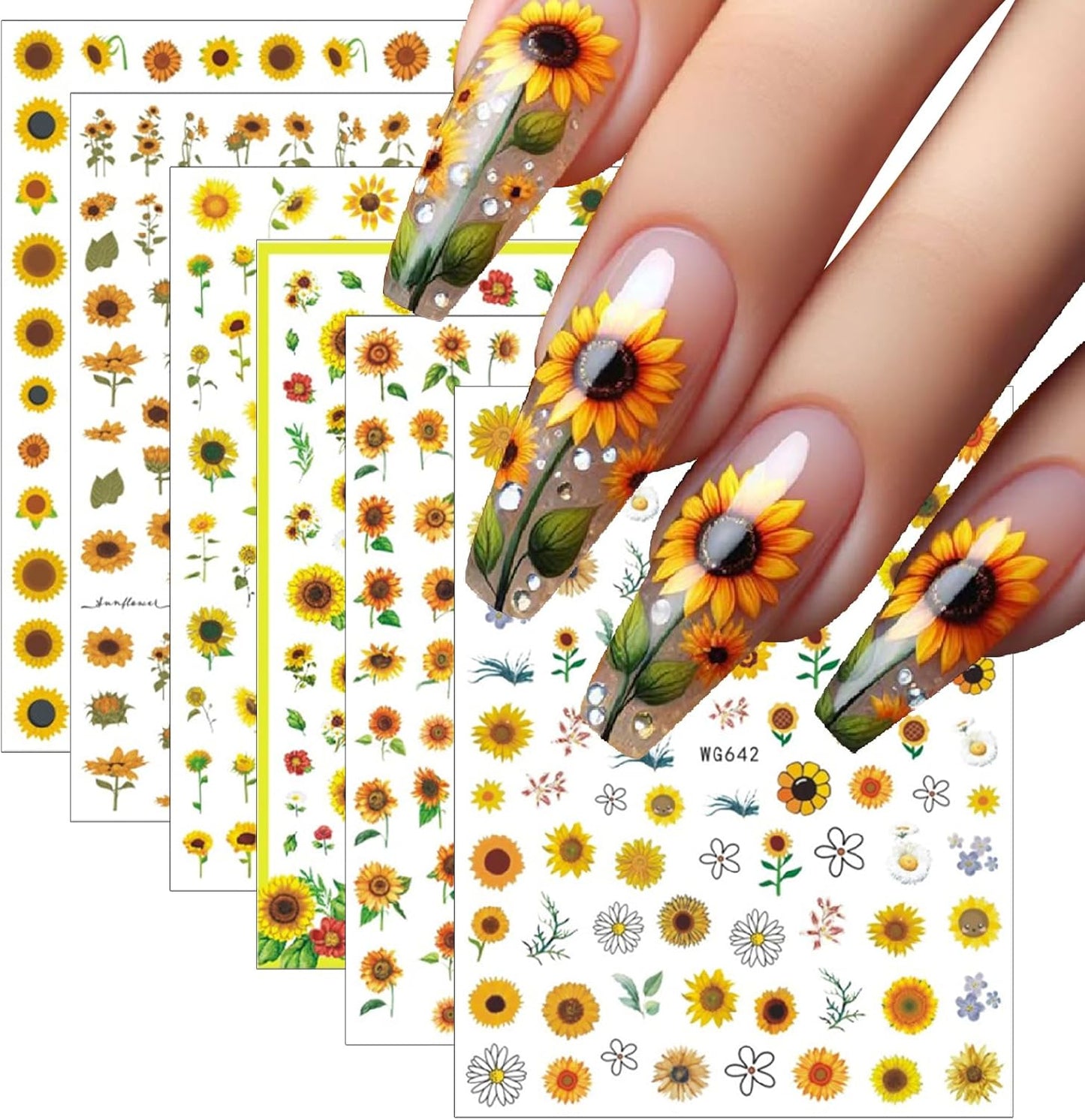 6 Sheets Spring Daisy Nail Art Stickers Sunflower Decals Yellow Daisy Design with Small Daisies White Floral Flowers Sunflowers Leaf for Women Manicure Decorations