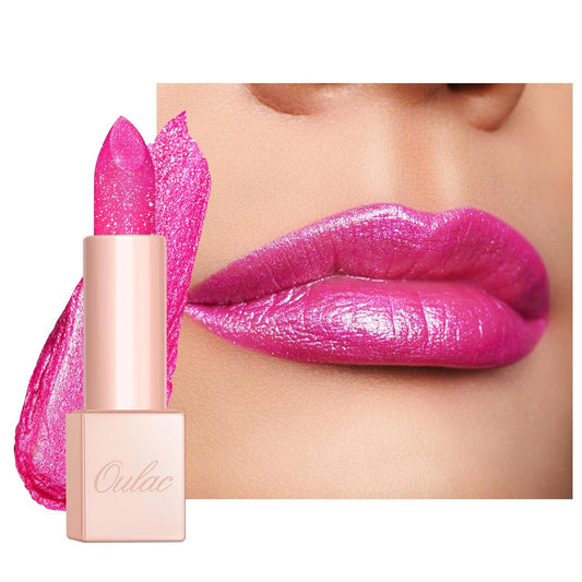 Oulac Pink Shimmer Lipstick for Women, Infinity High Shine Finish, Hydrating Lip Color Infused with Damask Rose Oil for All-Day Comfort, Gluten-Free Vegan Beauty, D02 Sparkle Sensation