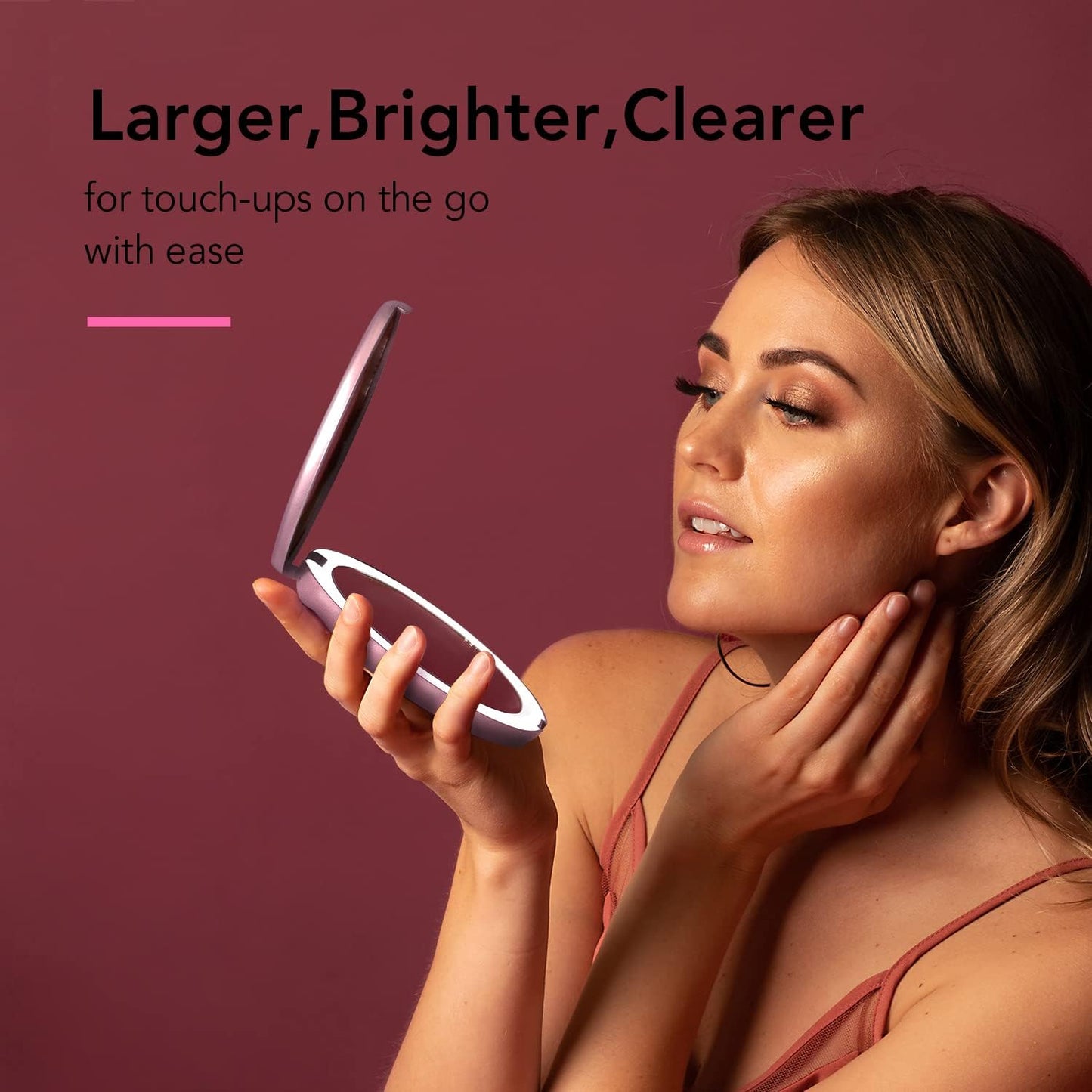 Fancii Taylor LED Lighted Travel Makeup Mirror, Rechargeable with 10x/1x Magnifying & 3 Light Settings - Compact, Portable, Large 5” Wide Hand Mirror for Handbag and Purses (Rose Gold)