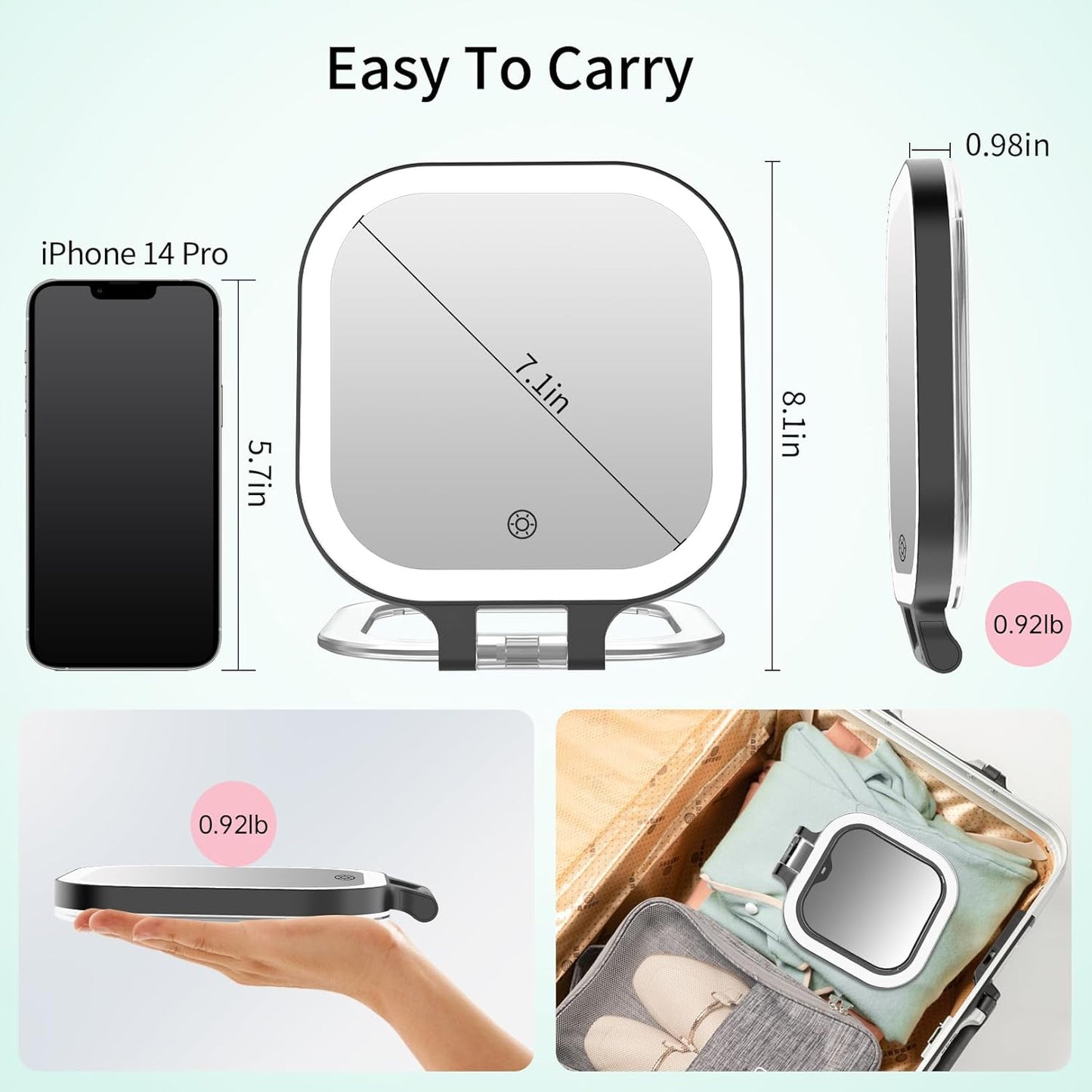 FASCINATE 10X Magnification Rechargeable Travel Makeup Mirror, 7" Lighted Portable Vanity Mirror with 3 Colors Lighting & Stepless Dimming, Double Sided LED Mirror, Gift for Women (Black)