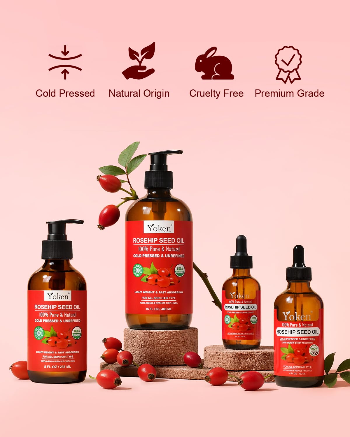 Organic Rosehip Seed Oil, USDA 100% Pure Rosehip Oils for Face, Hair & Body, Large Glass Bottle 16 fl oz Cold Pressed Rose Hip Oil for Skin Care, Moisturizing, Massage, Gua Sha & DIY Blends