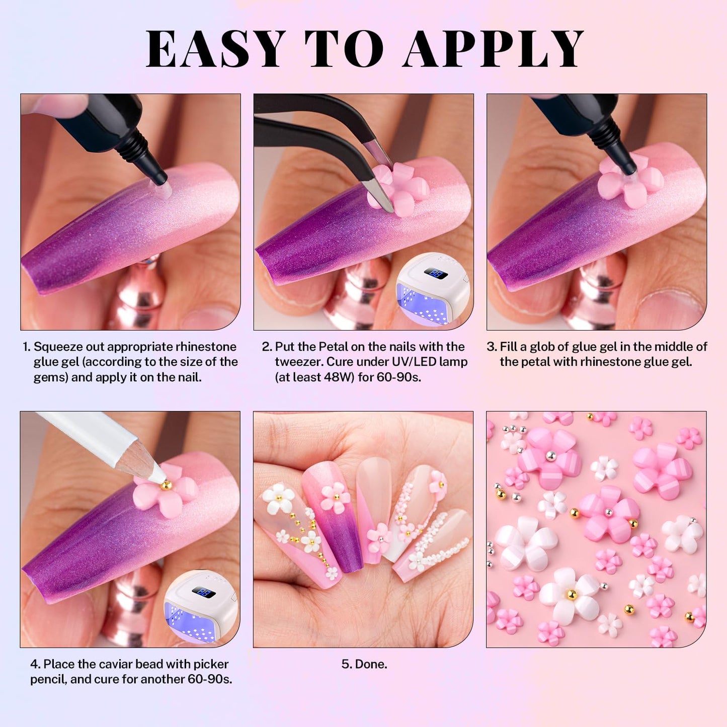 3D Flowers, Manicure Kit with Gel Glue, White Pink Acrylic Flower Nail Charms with Caviar Beads, Rhinestones + Gem Glue for Nails (UV/LED Needed) with Dotting & Pickup Tools