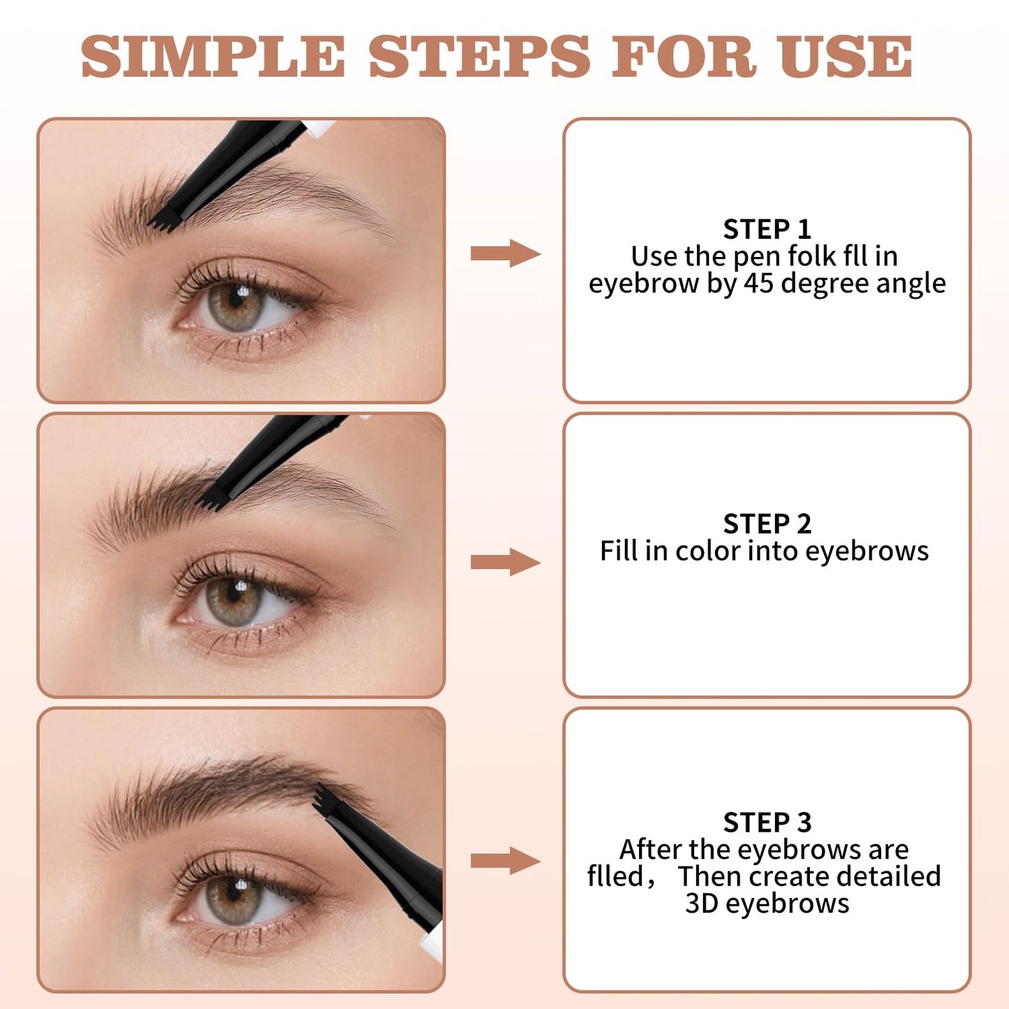 Eyebrow Pen, Waterproof Microblading Eyebrow Pencil, 4 Tip Precise Eye Brow Makeup Pen for Women to Effortlessly Create Hair Like Natural Brows, Non Dry Out and Last All Day (Dark brown)