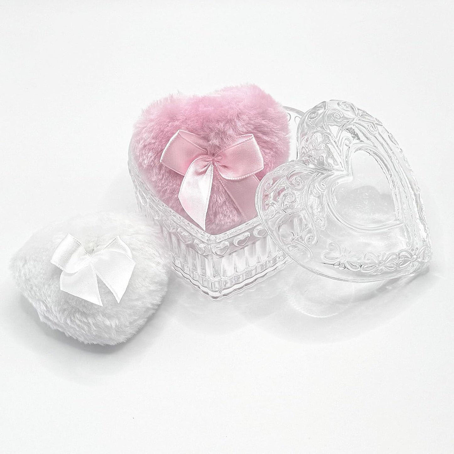 Body Powder Puff and Container - Glass Heart Dusting Powder Container with 2 Soft Puffs – Vintage Powder Puff Case for Women & Girls-GRB007-Transparent