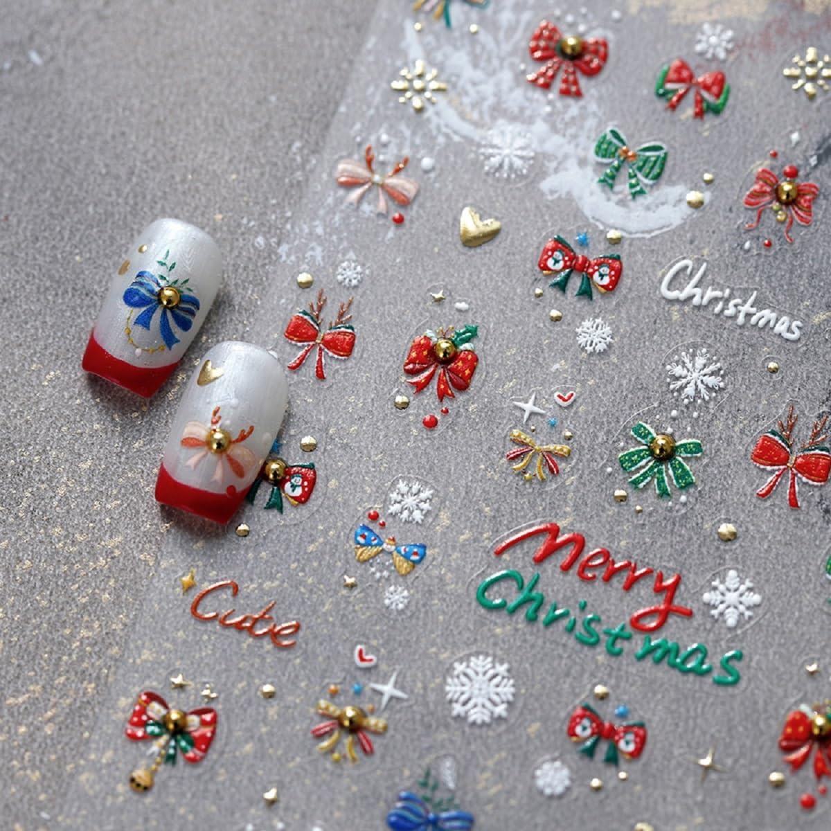 5D Embossed Christmas Nail Stickers Bow Nail Art Decals Self-Adhesive Snowflake Nail Art Sticker Cute Xmas Nail Decals for Women Girls Winter Holiday Manicure DIY Nail Supplies