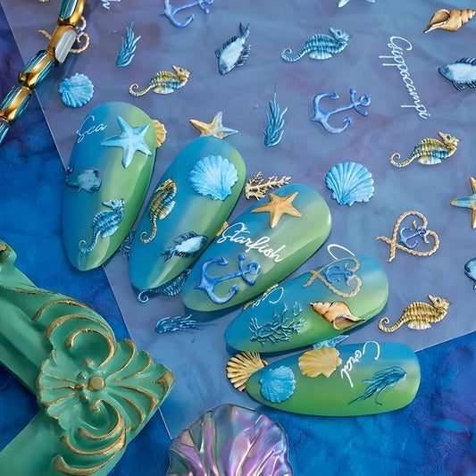 Summer Nail Art Stickers Decals 5D Embossed Self Adhesive Blue Seashell Starfish Nail Stickers Ocean Nail Decals for Nail Art Marine Life Nail Design Decoration Accessories for Women 2 Sheets