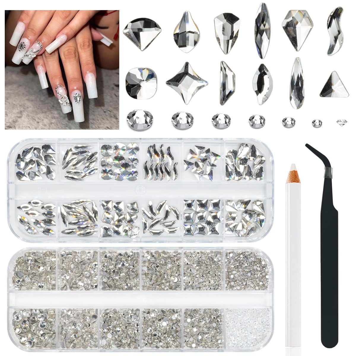 4080Pcs Silver Clear Nail Rhinestones Multi Shapes Flatback Crystal White Gems +Round Beads K9 Glass Stones Diamonds Jewels Nail Art Charms Supplies for Nails Faces Eyes Makeup DIY Crafts Phone