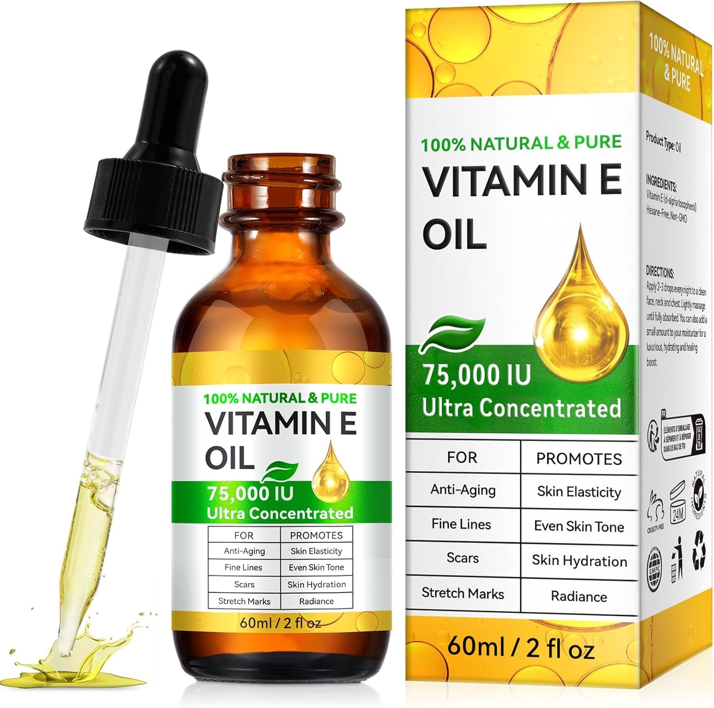 Vitamin E Oil for Skin 75,000 IU, 2Fl Oz Pure Vitamin e Oil for Scars, Hair, Face and Scalp, Moisturizing Dry Skin, Reduces Winkles and Fine Lines, Perfect Bath and Body Oils