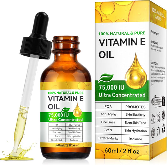 Vitamin E Oil for Skin 75,000 IU, 2Fl Oz Pure Vitamin e Oil for Scars, Hair, Face and Scalp, Moisturizing Dry Skin, Reduces Winkles and Fine Lines, Perfect Bath and Body Oils