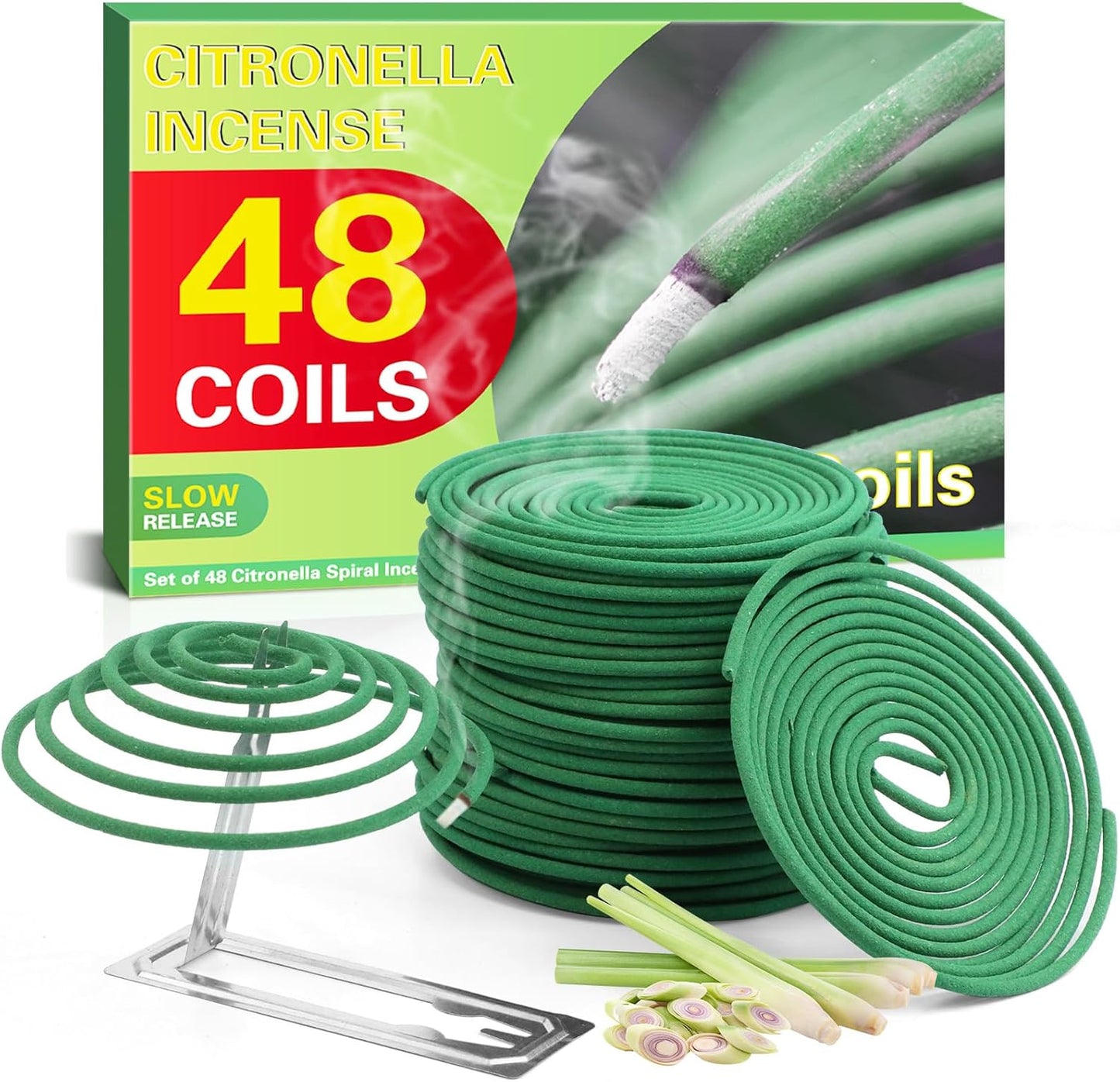 DERDUFT Incense Coils, Citronella Incense Coil for Summer, Citronella Fragrance Spiral for Outdoor & Indoor, Set of 48 Lemongrass with Holder for Outside Activities
