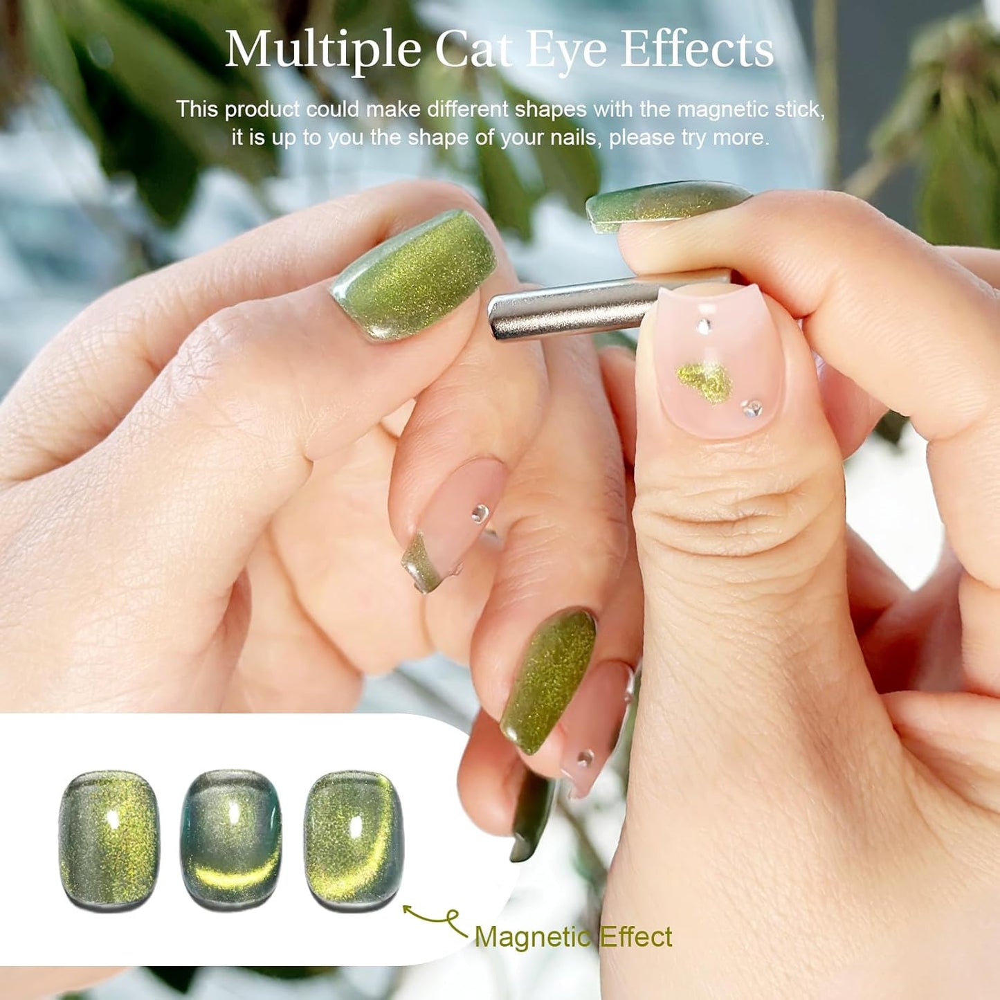 Cat Eye Gel Nail Polish with Magnet Stick, 15ml Glitter Holographic Nail Polish, Magnetic Effect Gel for Home DIY Manicure Gift, Jelly Green