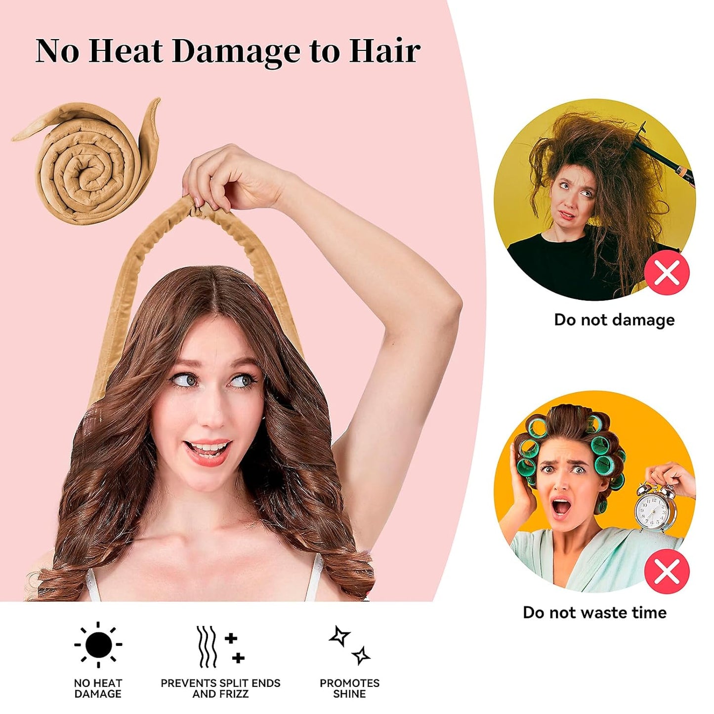 Heatless 60" Extra Long Soft Hair Curlers to Sleep In, No Heat Curling Headband Hair Rollers (Khaki)