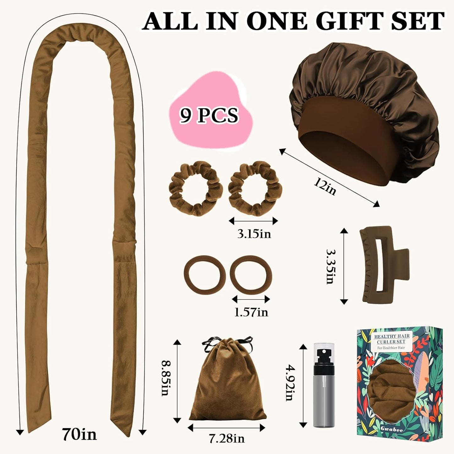 Heatless Curls Overnight Hair Curler, 70" Soft Hair Curlers to Sleep In No Heat Curls Overnight, 9 PCS No Heat Curlers Set for Women - Golden Brown