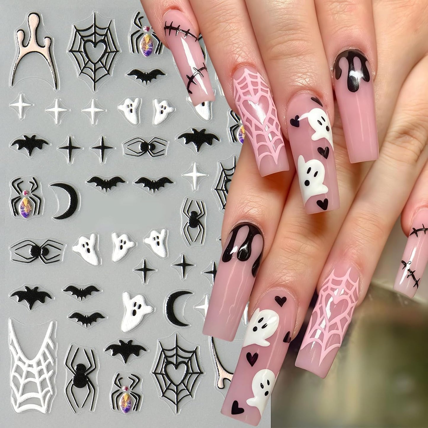 5 Sheet Halloween Nail Stickers 5D Micro Relief Self-Adhesive Cute Ghost Spider Web Nail Decals Ghost Spider Web Skull Bat Nail Design Classic Halloween Decoration for Women Manicure Art Supplies