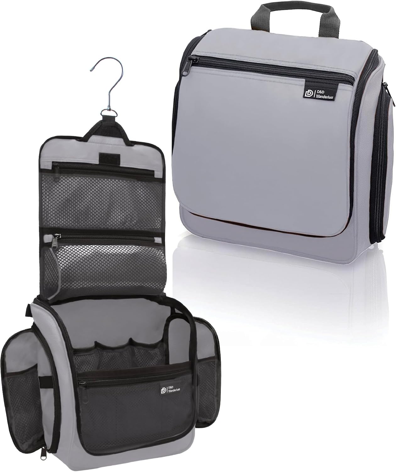 D&D Hanging Travel Toiletry Bag for Men and Women – Large Cosmetics, Makeup and Toiletries Organizer Kit with 10 Compartments, YKK Zippers, XXL Metal Swivel Hook, Water-Resistant Nylon