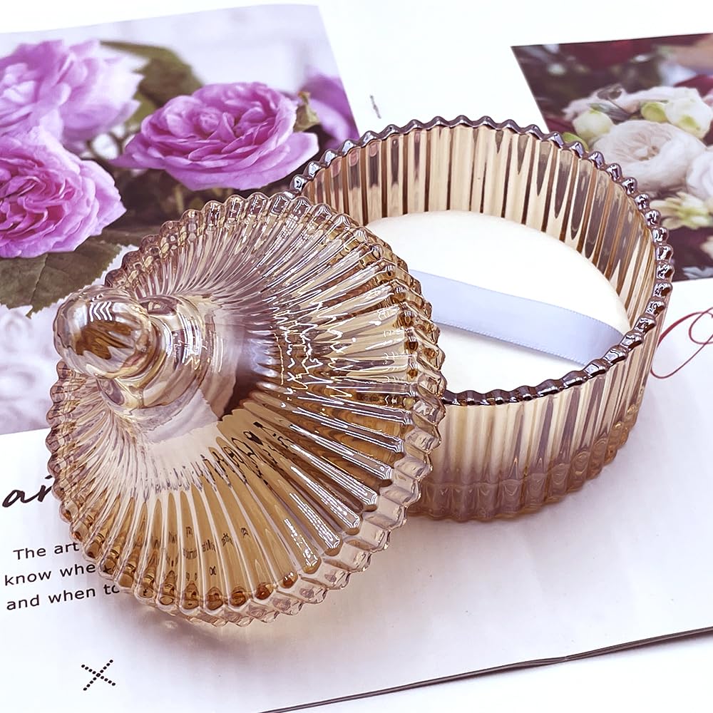 Ultra Soft Powder Puff and Container 3.3" High Density Velvet Dusting Washable Reusable Powder Puff,Body Powder Puff and Glass Jar Holder Loose Powder Box with Puff for Face Makeup(Amber)