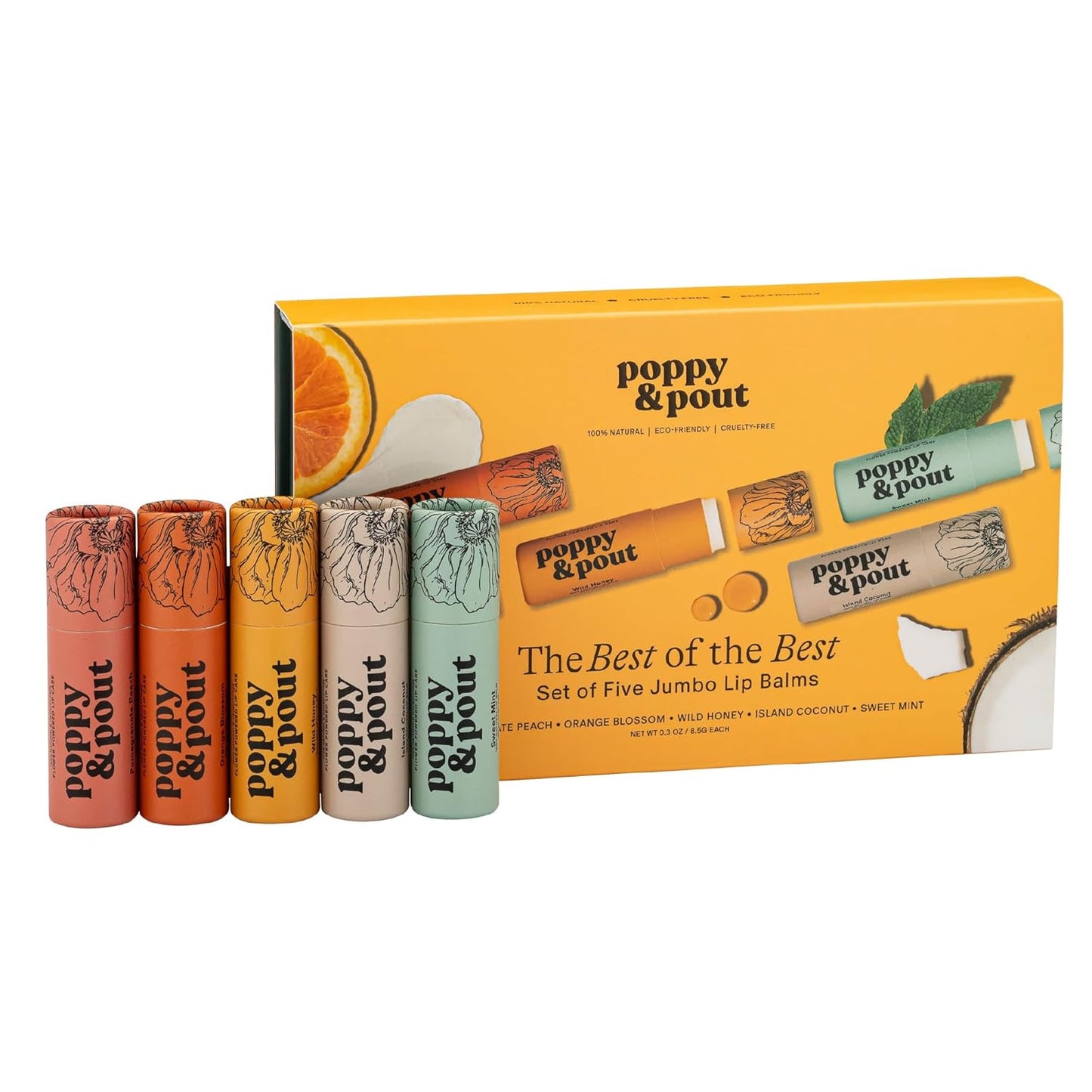 Jumbo Lip Balm Gift Set (5-Pack) | Poppy & Pout All Natural Lip Balms & Moisturizers | Hydrates with Beeswax, Vitamin E, Organic Coconut Oil | Cruelty-Free | Lip Balm in Recyclable Cardboard Tube