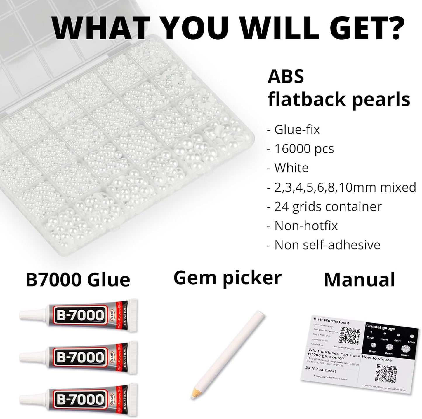 16000Pcs Flatback Pearls for Crafting, White Flat Back Assorted Sizes 2/3/4/5/6/8/10mm Half Pearl Beads Bedazzling for Crafts Clothing Tumbler Shoes Wedding Gown Nails with B7000 Jewelry Making Glue
