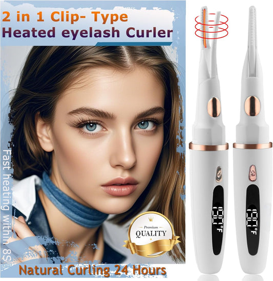 Heated Eyelash Curlers - 2 in 1 Clip- Type Heated lash Curler Best Seller Electric Eyelash Curler LED Display 3 Temp Settings for Makeup Tools USB Rechargeable Natural Curling 24H Long Lasting-WT B1A