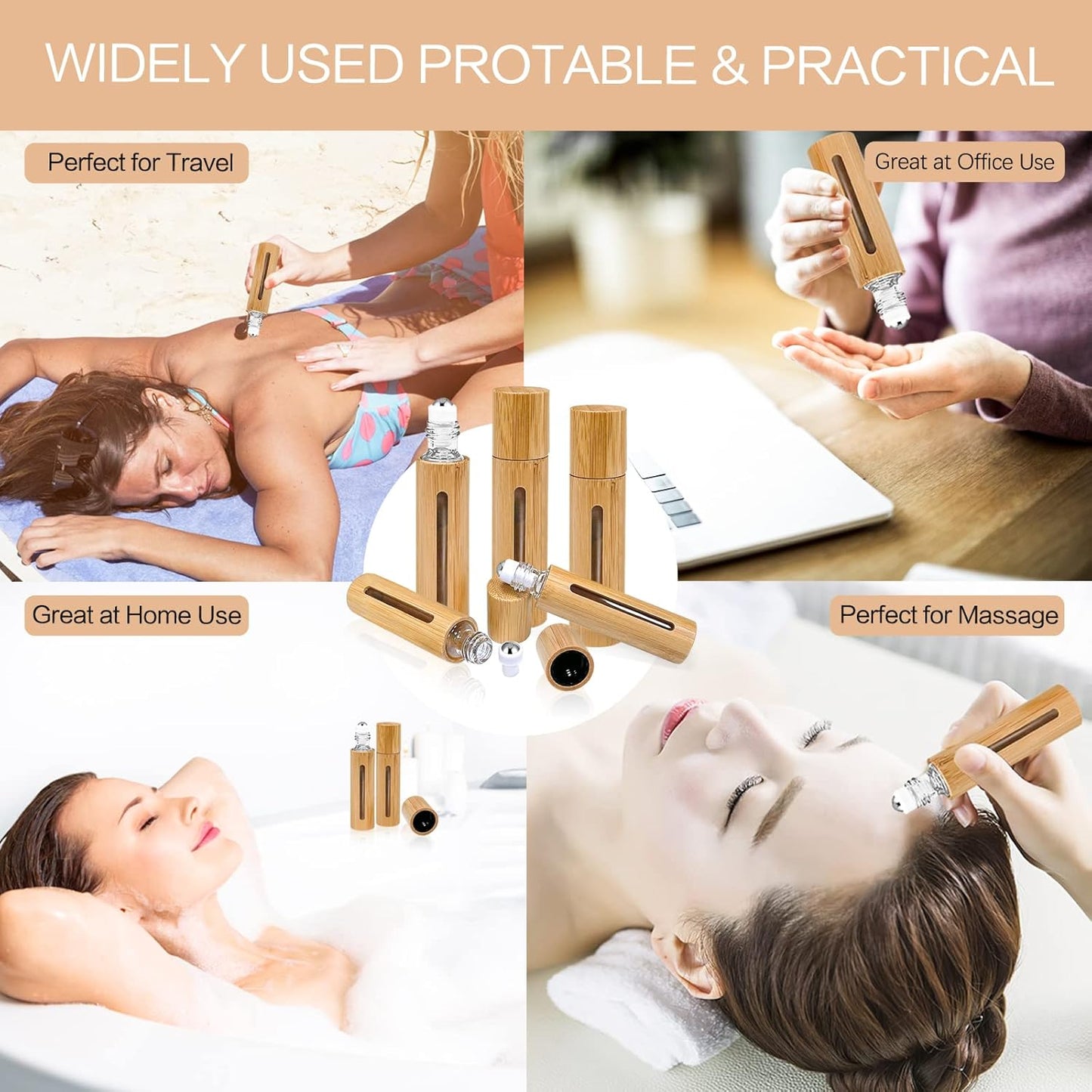 12Pcs 10ml Roller Bottles Balls for Essential Oils, Roll on Bottles with Bamboo Shell Clear Glass Inner, Portable Refillable Perfume Sample Bottle with Stainless Steel Ball