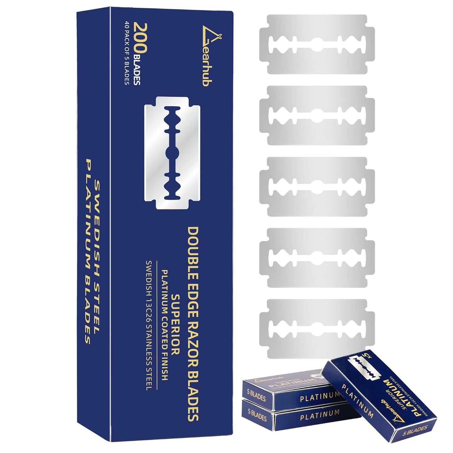 Gearhub Premium 200 Count Double Edge Safety Razor Blades Refills Swedish 13C26 Stainless Steel Platinum Coated, Mild to Medium Sharpness for Smooth Shaves