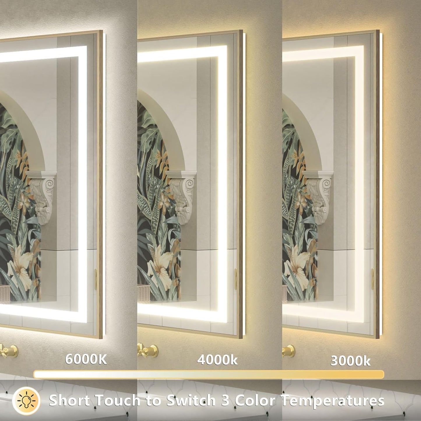 OKPAL 44x30 Gold Lighted Bathroom Mirror with Lights, Frontlit & Backlit LED Bathroom Mirror, Lighted Vanity Mirror, Anti-Fog, Dimmable 3 Colors, Shatterproof, Horizontal/Vertical