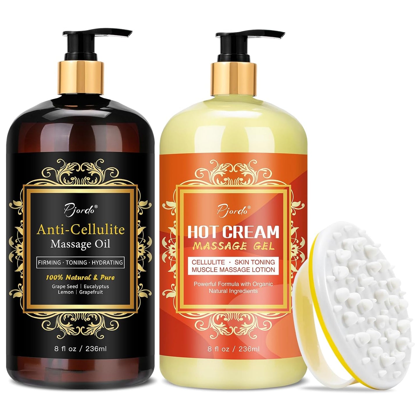 Anti Cellulite Massage Oil & Hot Cream Set with Massager, Natural Cellulite Remover, Oil & Massager for Legs Arms and Butt, Firm, Tighten & Moisturize Skin Soothes Muscles (8 Fl Oz)